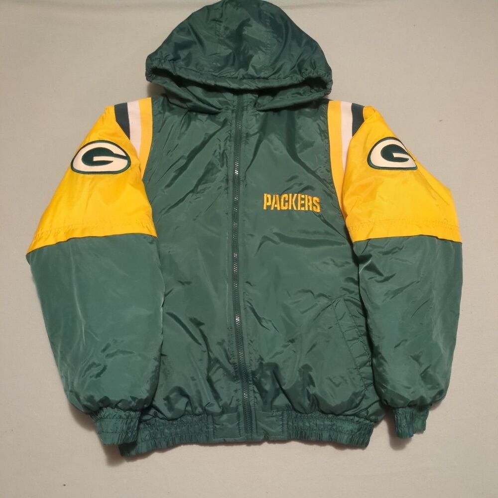 Vintage Green Bay Packers NFL Hooded Puffer Jacket Green Youth XL Fits S
